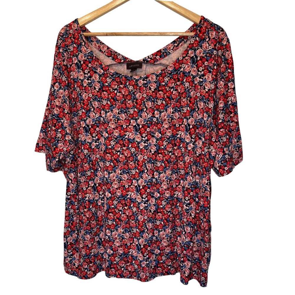J.Jill Plus Size Floral Print Tunic Top 2X Red Blue Short Sleeve Scoop Neck Boho